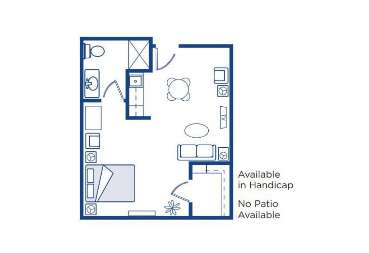 Studio apartment floor plan with accessible design and no patio.