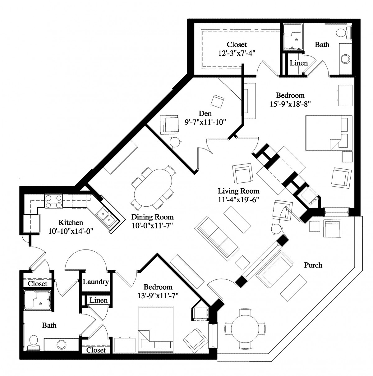 A detailed floor plan of an apartment, showcasing room layouts including a bedroom, kitchen, living room, dining room, and closet space.