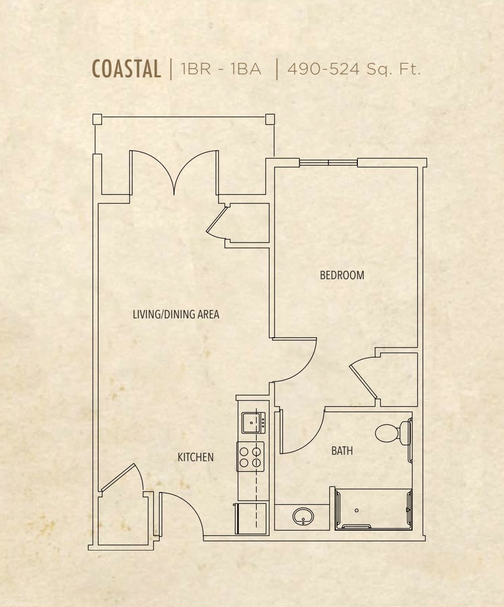 Floor plan of a one-bedroom apartment layout, labeled 'Coastal'.