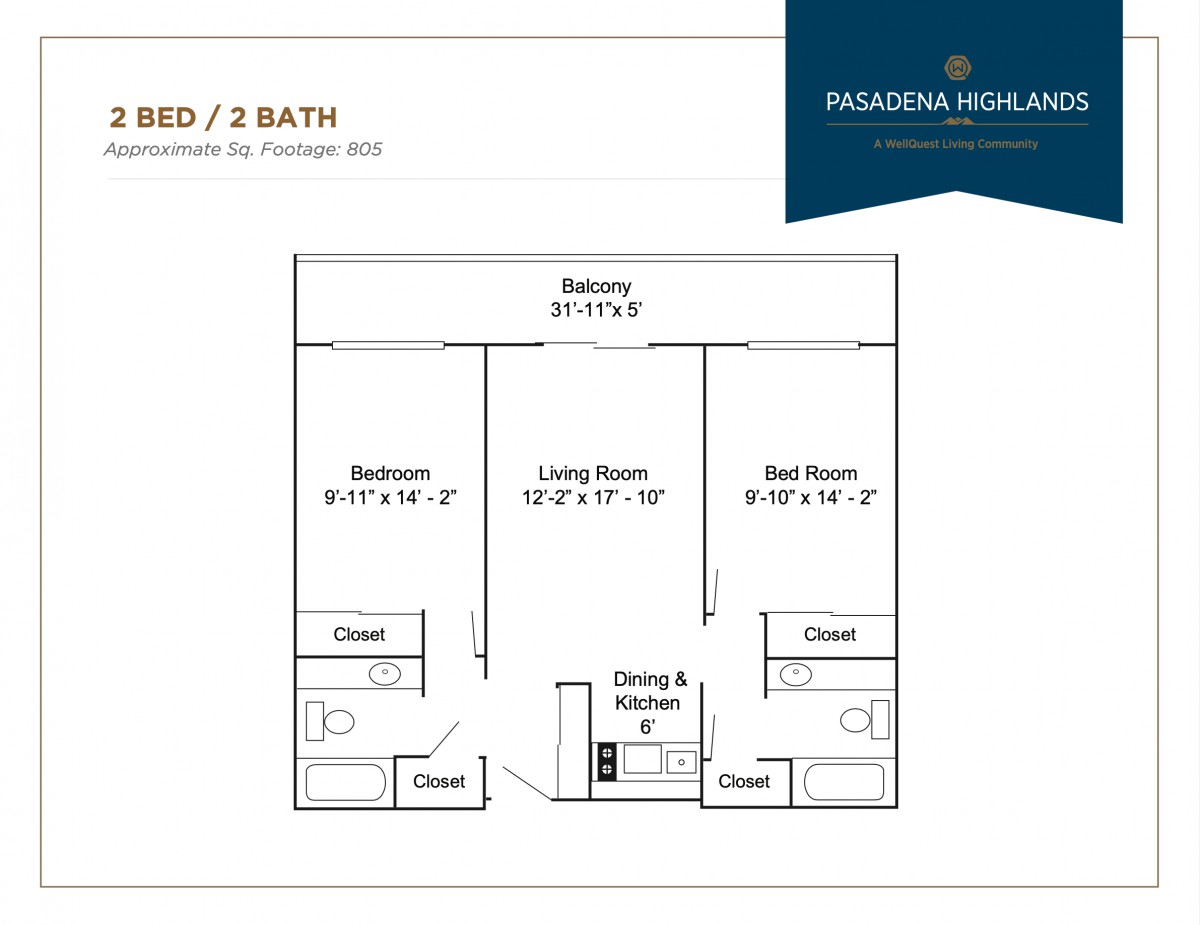 This is a floor plan of a two-bedroom, two-bathroom apartment layout.