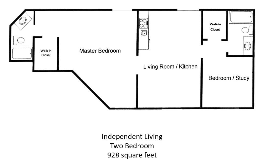 A floor plan of a two-bedroom independent living apartment, measuring 928 square feet.