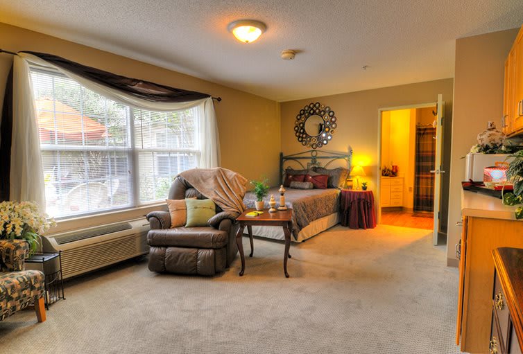 A cozy living room with a comfortable armchair, bed, and large window allowing natural light.