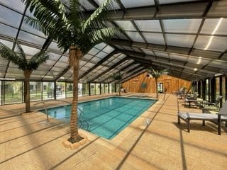 A spacious indoor pool area with palm trees and a glass roof offers a relaxing atmosphere.