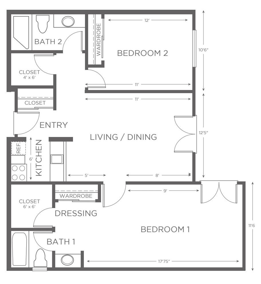 A floor plan of a two-bedroom apartment with labeled rooms including kitchen, living/dining area, and bathrooms.