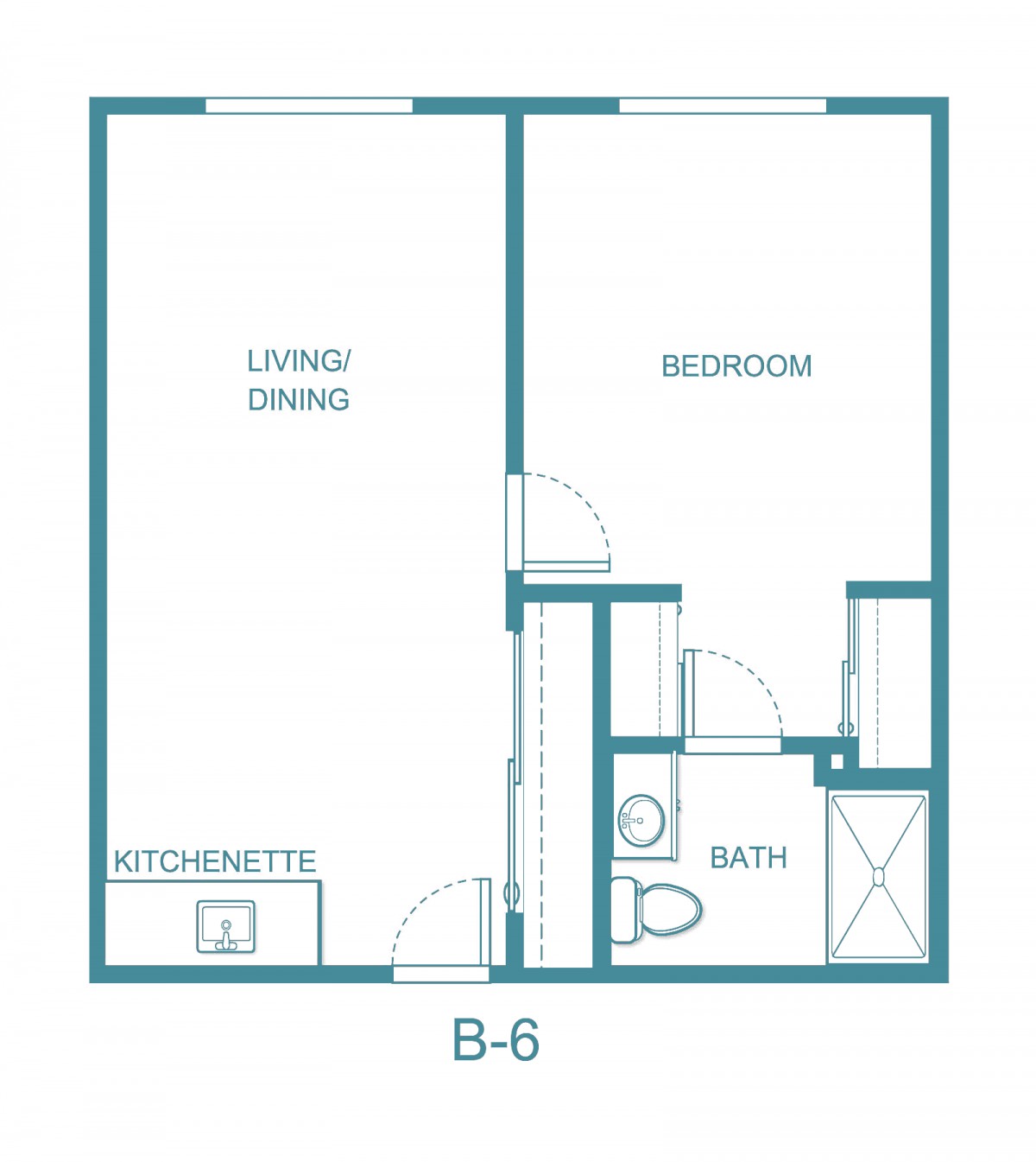 Apartment floor plan with a living/dining area, bedroom, bathroom, and kitchenette.