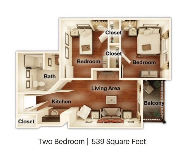 This is a floor plan of a two-bedroom apartment with an area of 839 square feet.