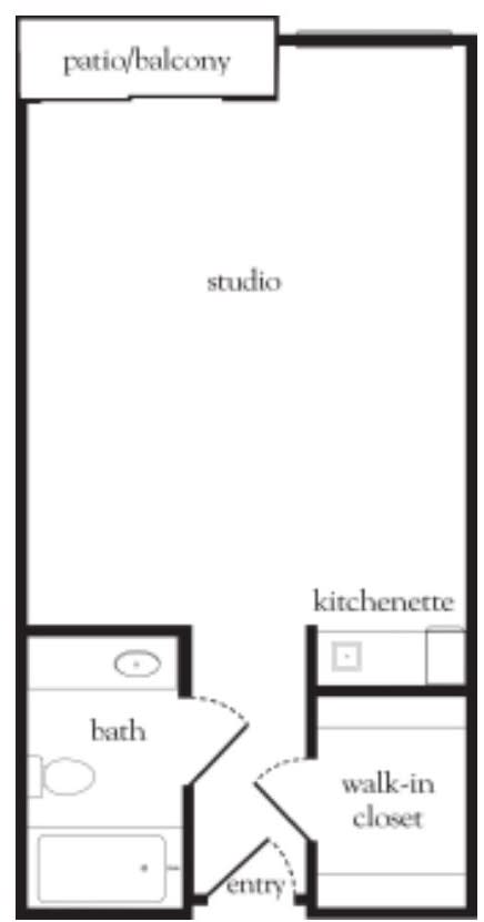 Floor plan of a studio apartment with a kitchenette.