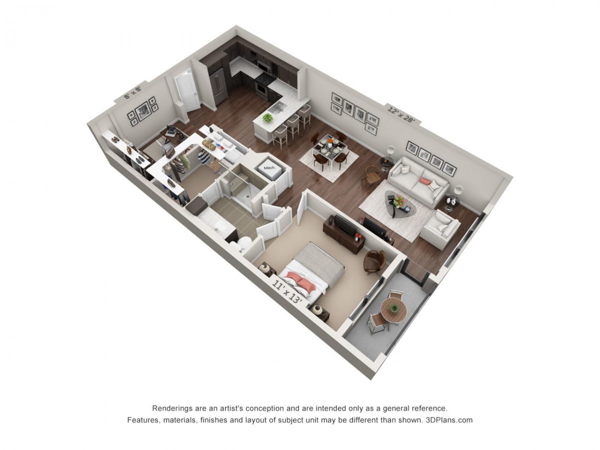 3D floor plan of a modern apartment featuring two bedrooms, a kitchen, and a living area.