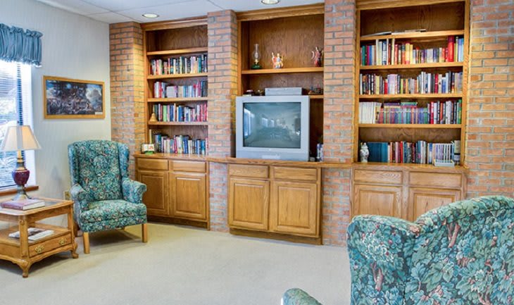A cozy living room with built-in bookshelves, a television, and patterned armchairs.