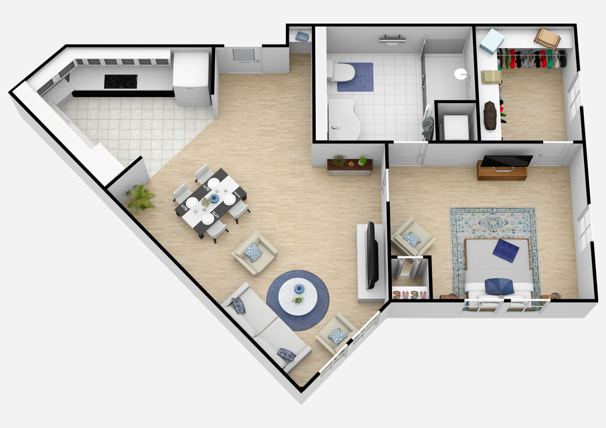 A modern one-bedroom apartment floor plan with an open living area, kitchen, dining space, and bathroom.