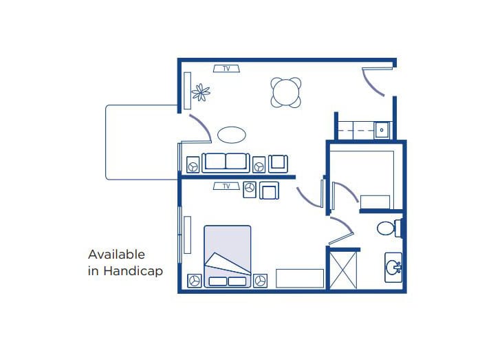 Floor plan of a single-bedroom apartment with living area, kitchen, and bathroom.