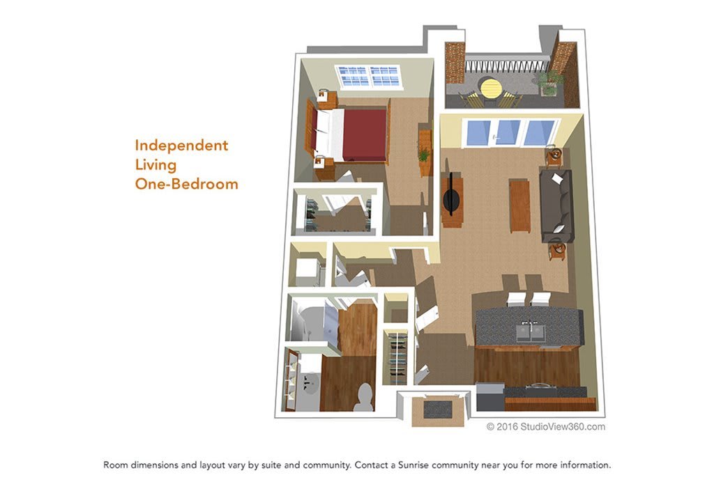 Floor plan of a one-bedroom apartment for independent living, featuring a bedroom, bathroom, kitchen, and living area with a balcony.