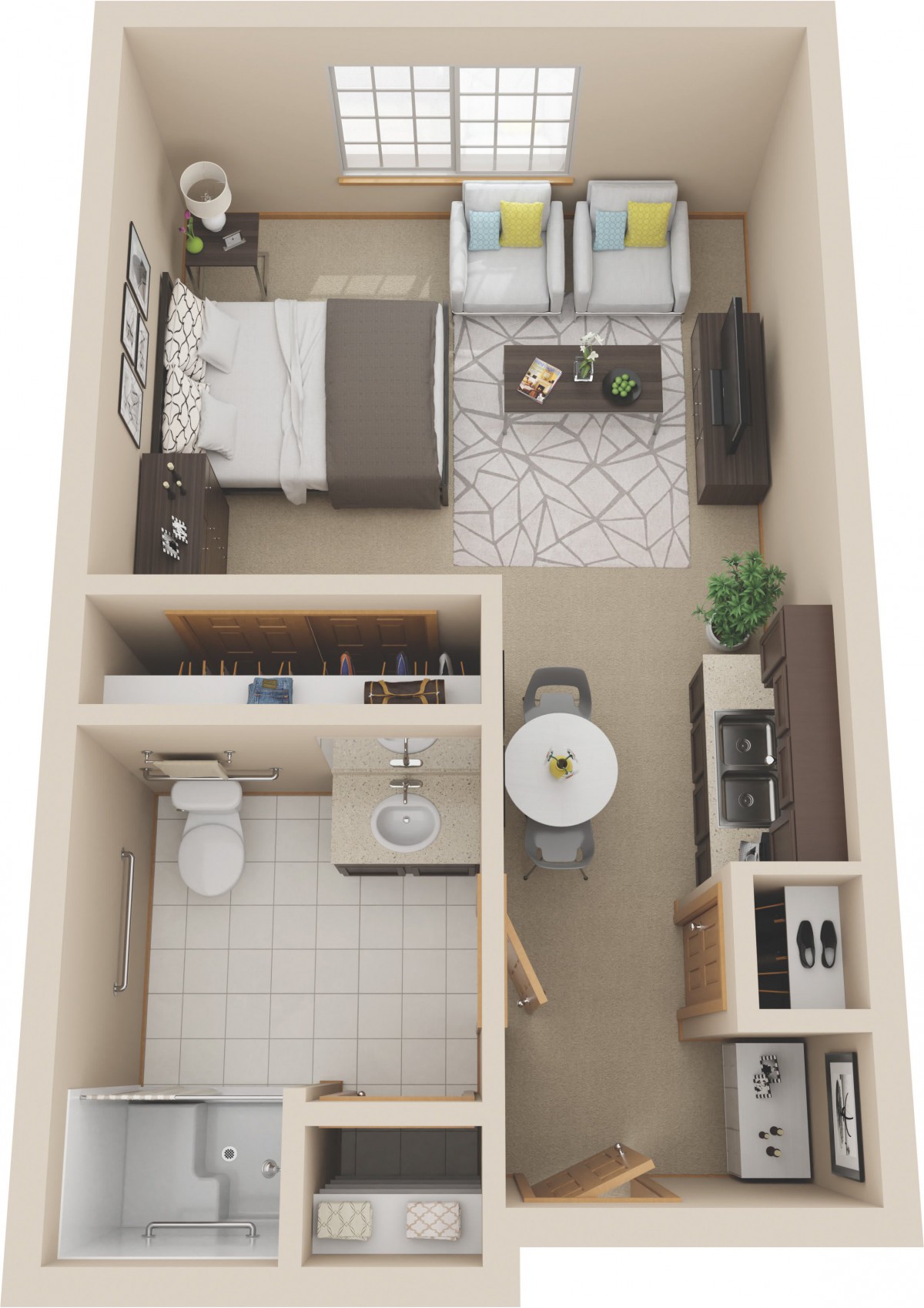 A 3D floor plan of a small apartment with one bedroom, a living room, kitchen, and bathroom.
