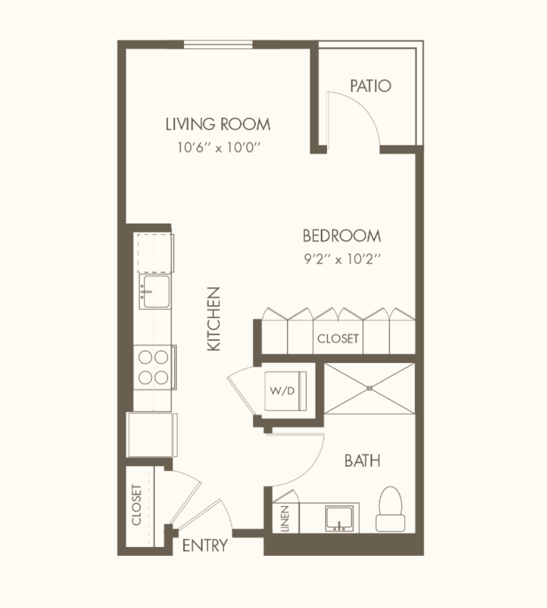 A floor plan of a one-bedroom apartment featuring a living room, kitchen, and bathroom.