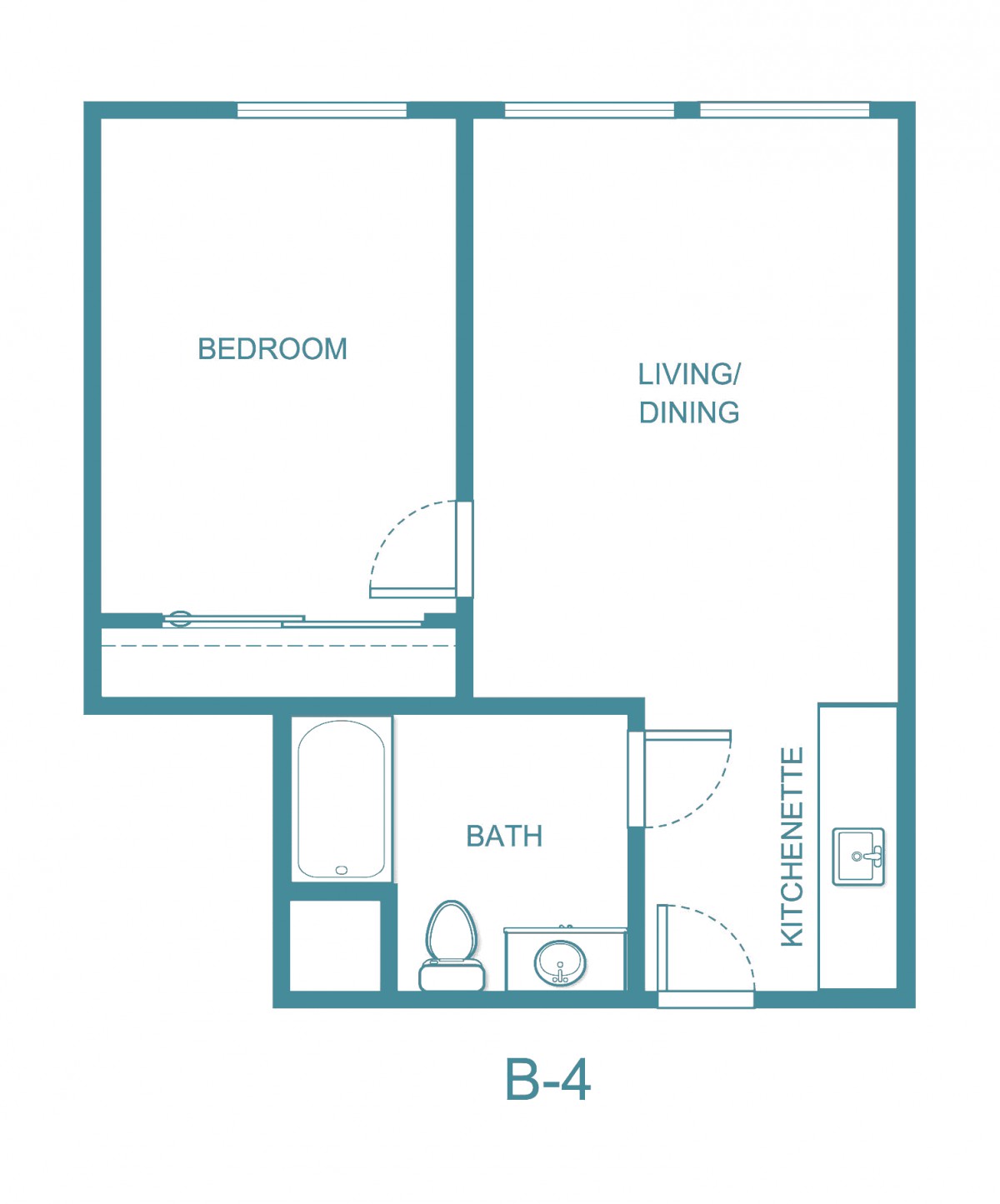 Simple one-bedroom apartment floor plan with living/dining area, kitchenette, and bathroom.