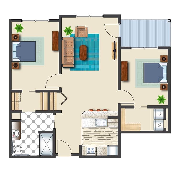 A detailed floor plan of a two-bedroom apartment featuring a living room, kitchen, and two bathrooms.