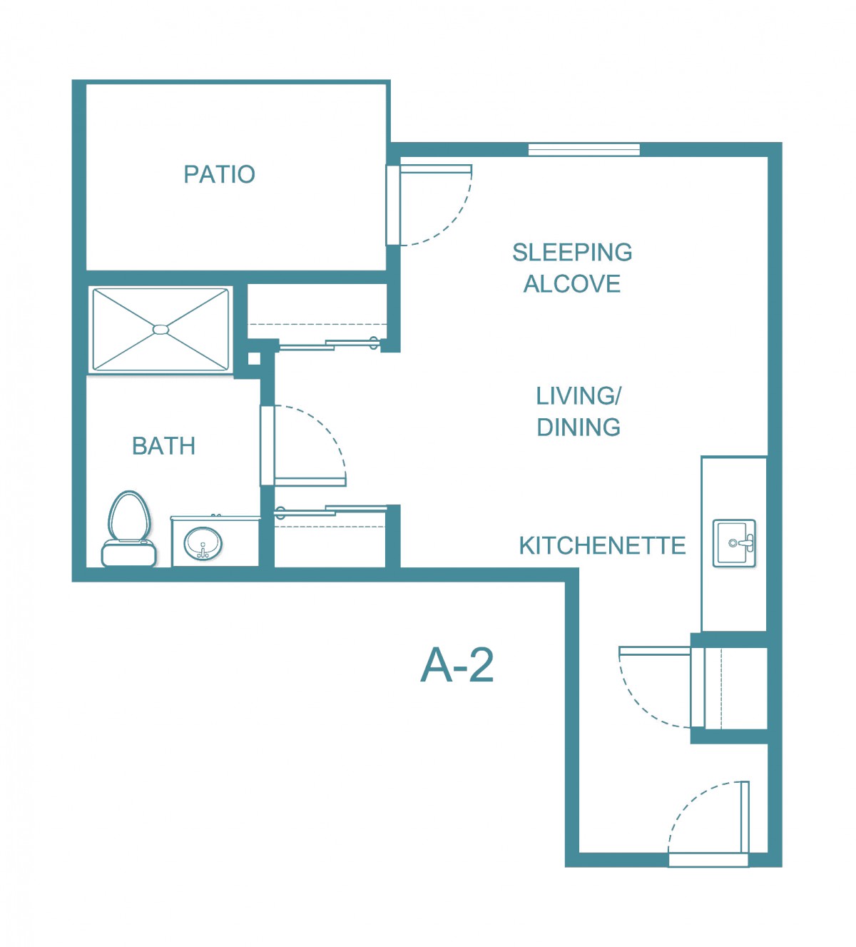 Studio apartment floor plan featuring a sleeping alcove, living/dining area, kitchenette, bath, and patio.