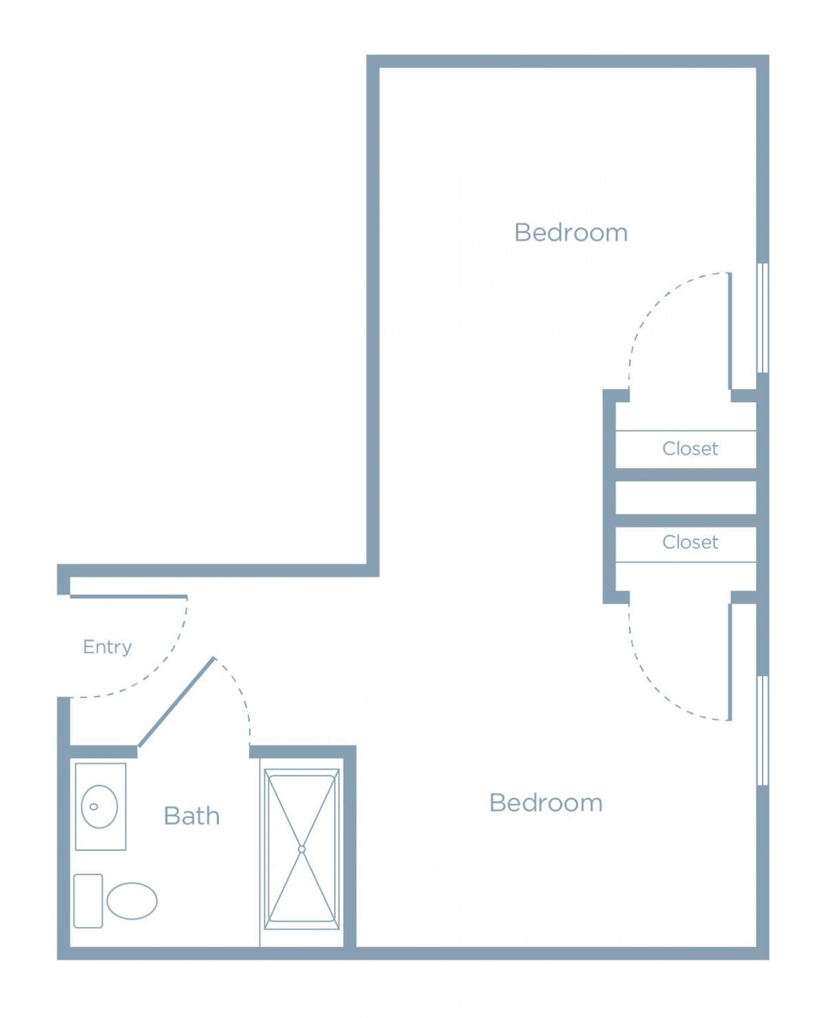 A simple floor plan of an apartment with a bedroom, bathroom, and closet.