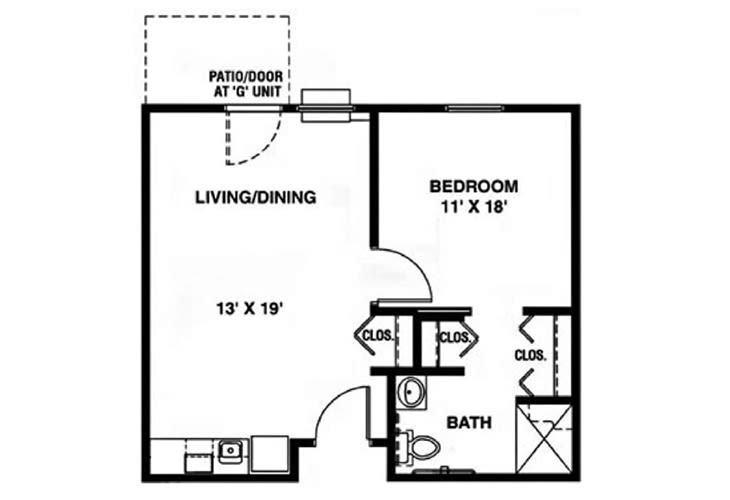 One-bedroom apartment floor plan with living/dining area and bathroom.