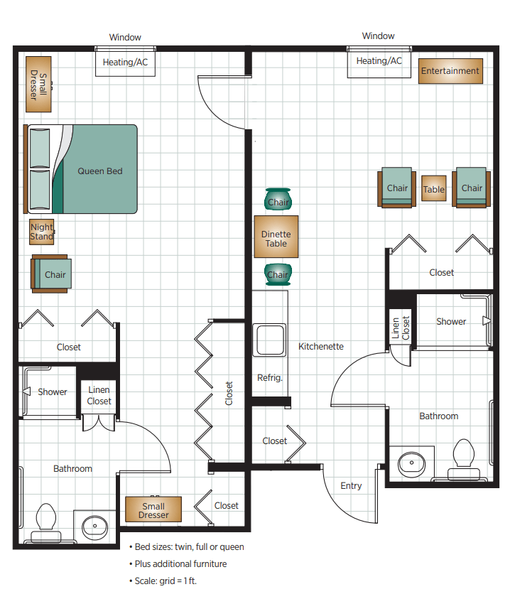 Floor plan of a two-bedroom apartment with labeled rooms and furniture layout.