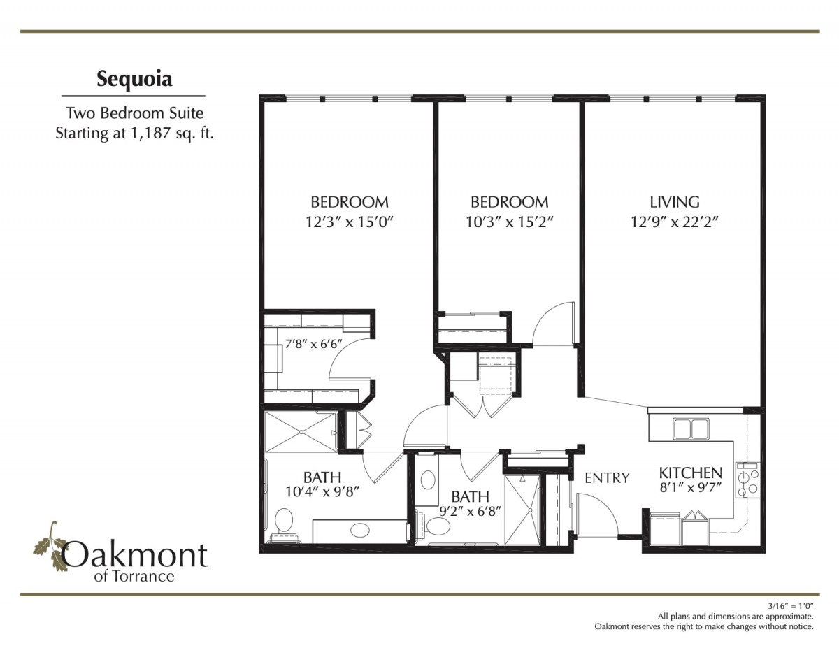 A floor plan labeled 'Sequoia' showing a two-bedroom suite with a dining area.