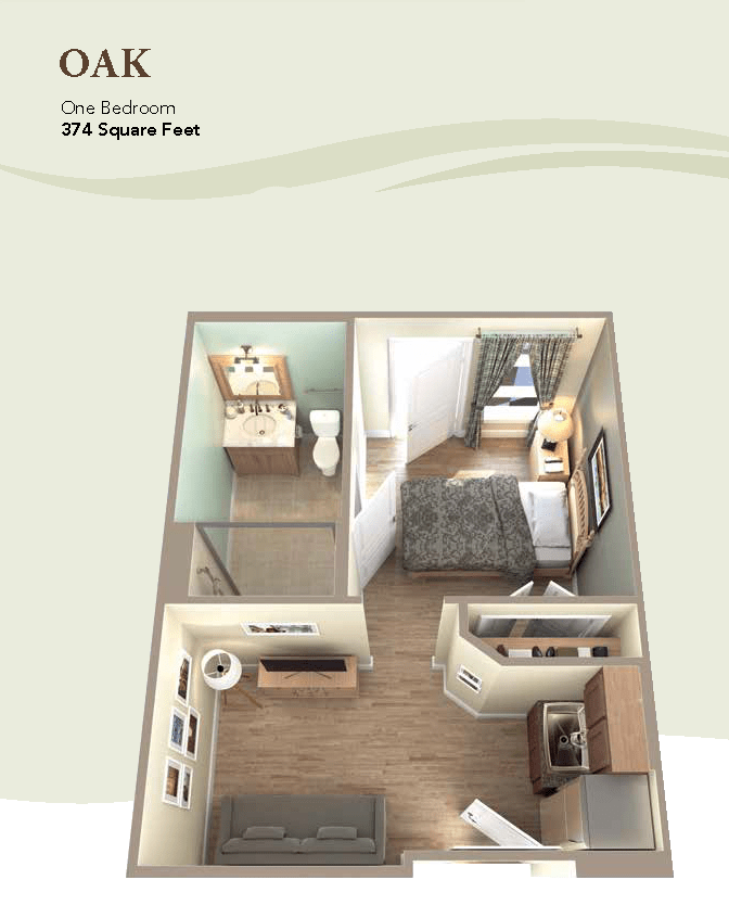 3D floor plan of a one-bedroom apartment.