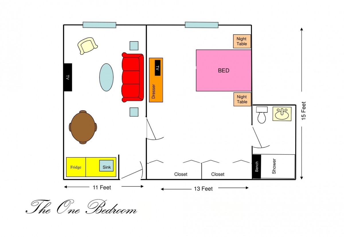 Floor plan of a one-bedroom apartment with labeled rooms and furniture.