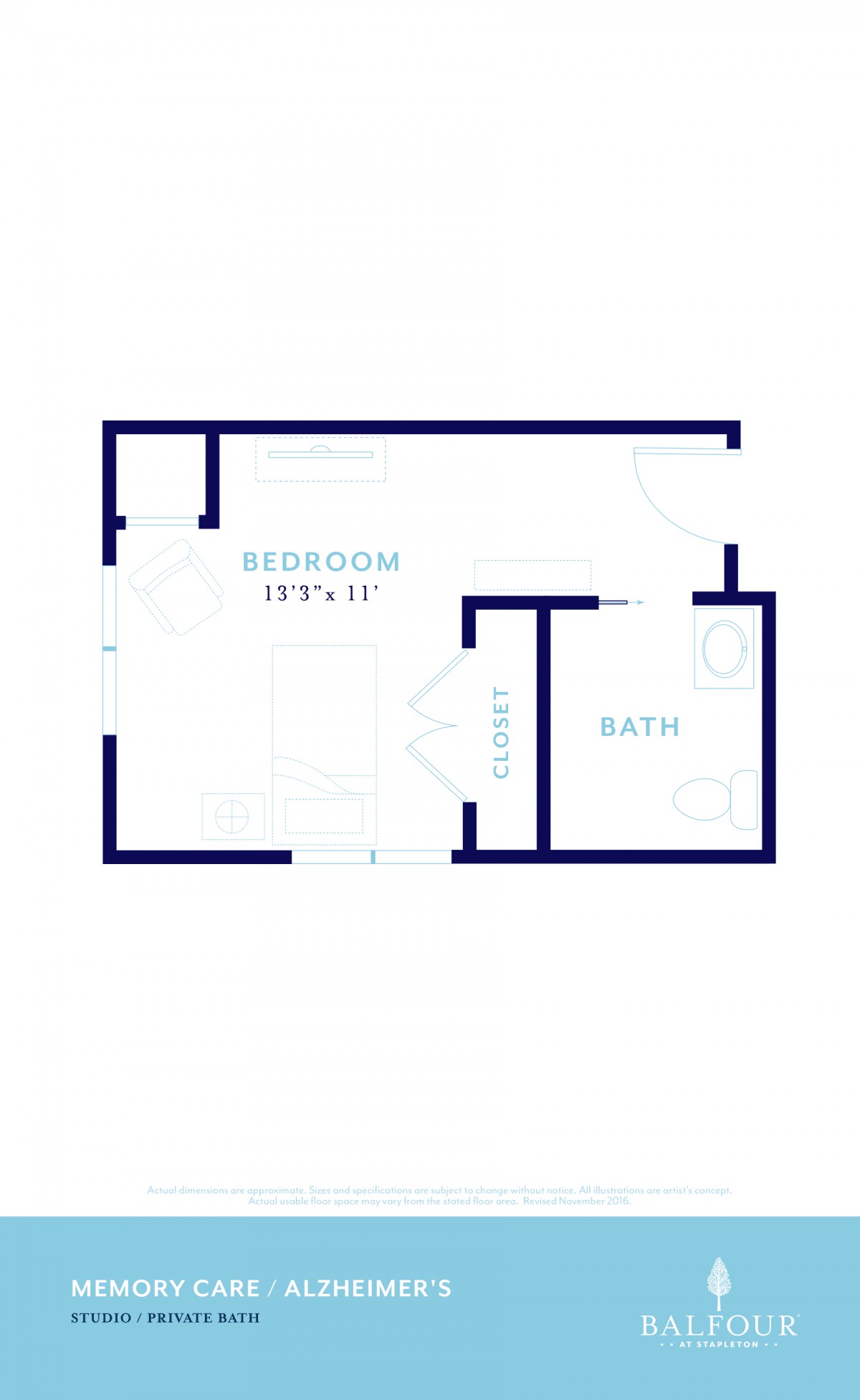 A simple architectural floor plan featuring a bedroom and bathroom layout.