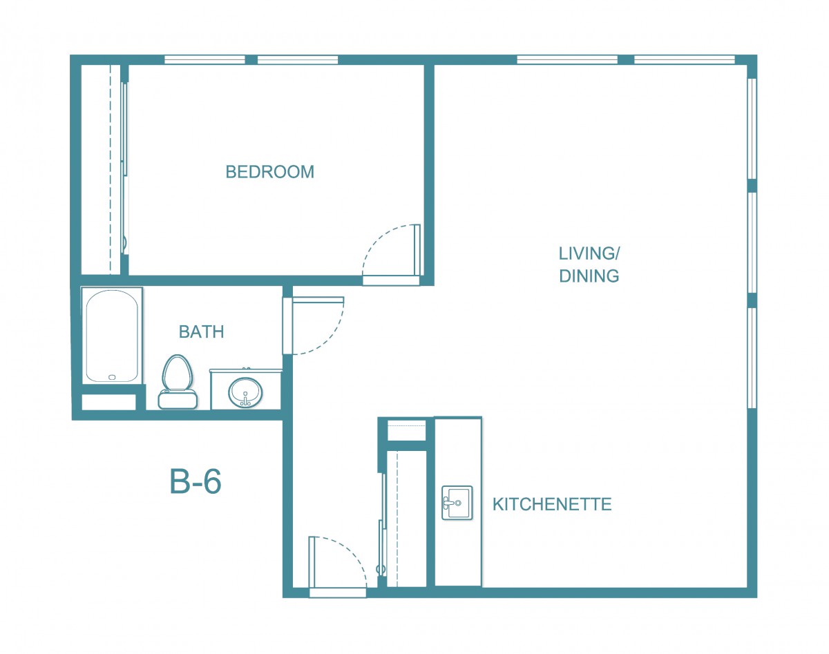 One-bedroom apartment floor plan with kitchenette and living/dining area.