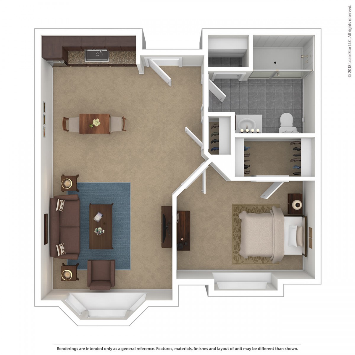 A floor plan of a one-bedroom apartment including a living room, kitchen, and bathroom.