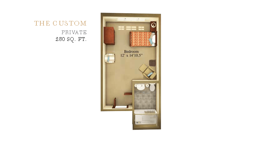 A compact bedroom floor plan with private bath, covering 250 square feet.