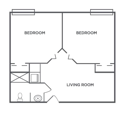 A simple floor plan of an apartment featuring two bedrooms and a living room.
