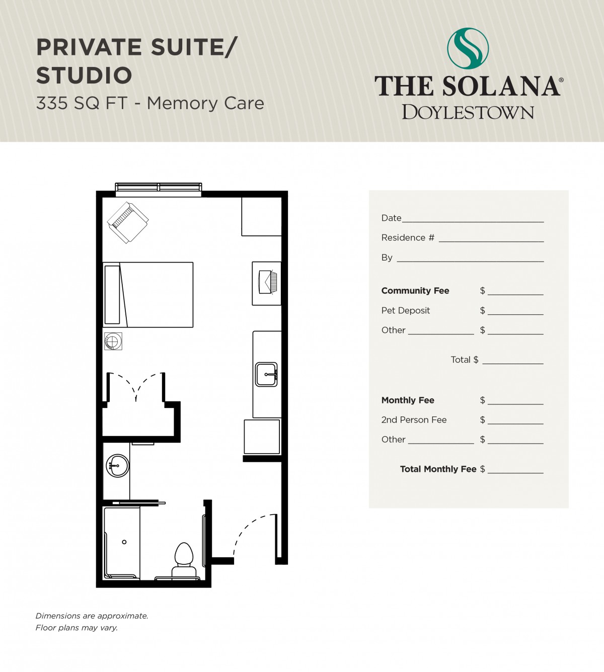 Floor plan of a private suite/studio designed for memory care at The Solana Doylestown.