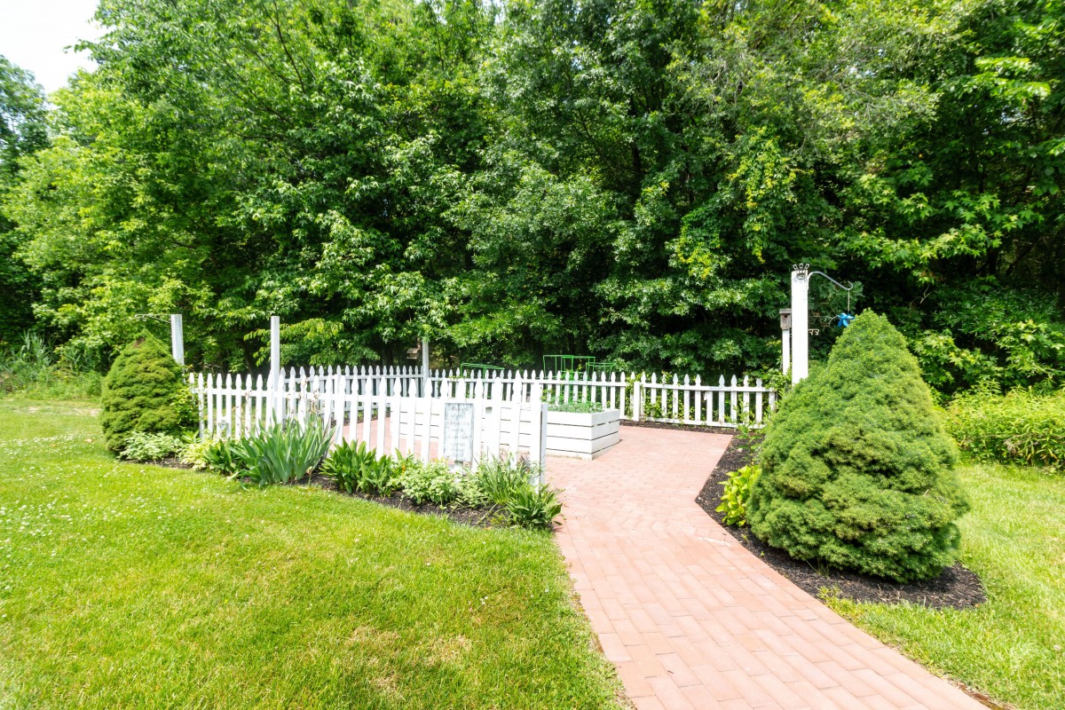 A peaceful garden with a brick pathway leading to a white picket fence, surrounded by lush greenery.