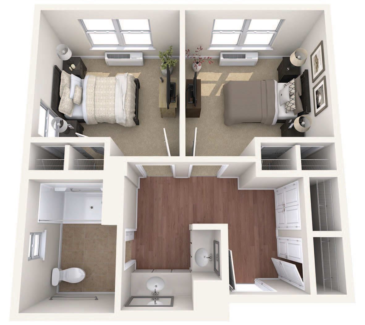 A 3D floor plan of a two-bedroom apartment with a shared living area and bathroom.