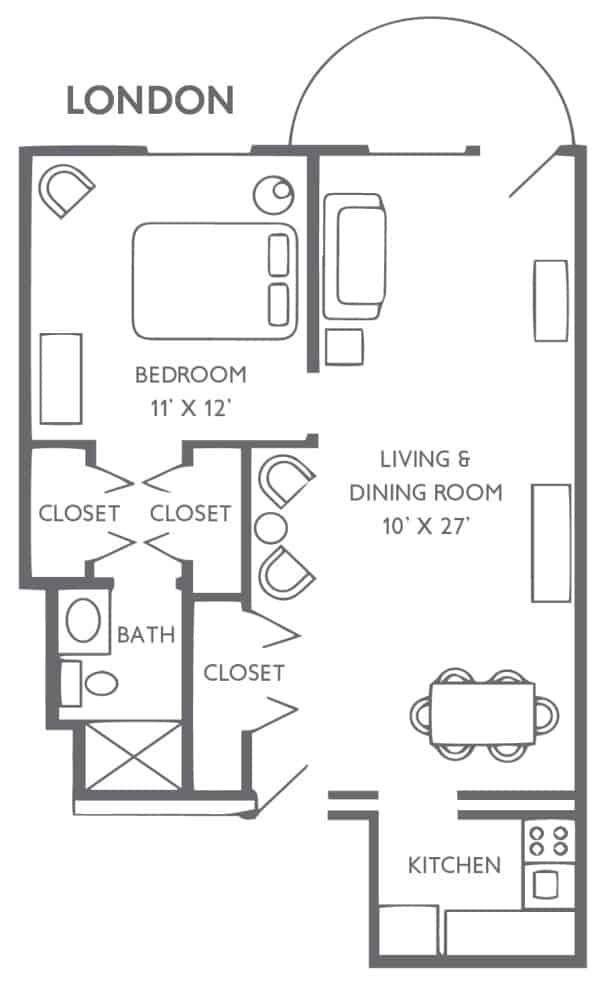 A floor plan of a one-bedroom apartment with living and dining areas.