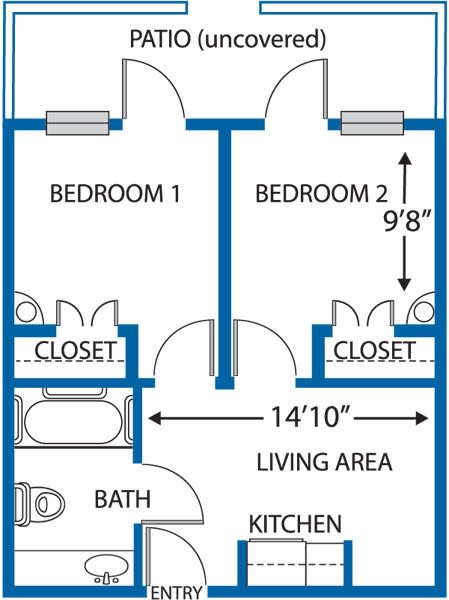 Floor plan of a two-bedroom apartment with a living area, kitchen, bathroom, and closets.