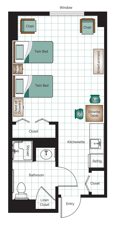 A simple floor plan featuring a twin bed, bathroom, kitchenette, and dining area.
