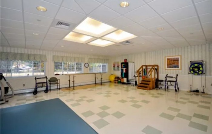 A spacious room designed for physical therapy or exercise, featuring various fitness equipment and a mirrored wall.