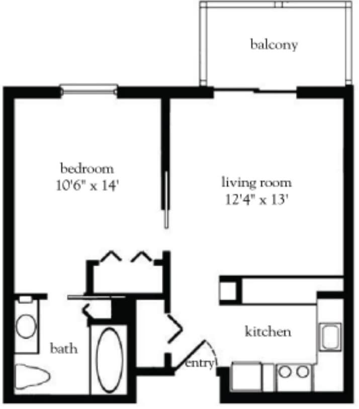 A detailed floor plan of an apartment, featuring a bedroom, living room, kitchen, bathroom, and balcony.