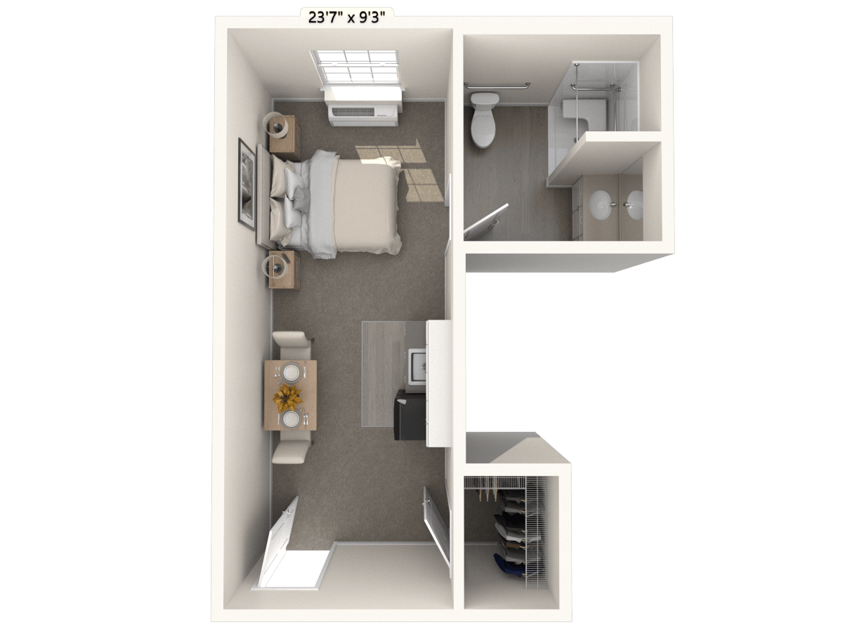 3D floor plan of a compact studio apartment with a bedroom, bathroom, and study area.