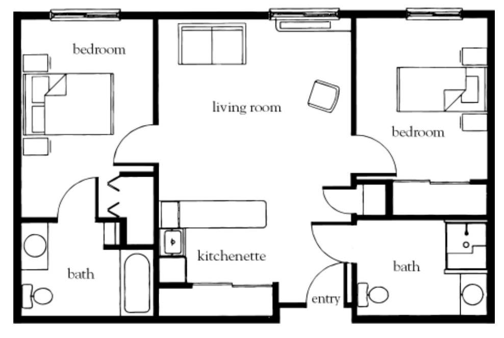 A floor plan showing the layout of an apartment with rooms labeled as living room, kitchenette, two bedrooms, and two bathrooms.
