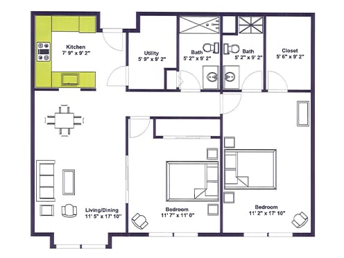 A detailed floor plan of an apartment showcasing kitchen, bathrooms, bedrooms, and living areas.