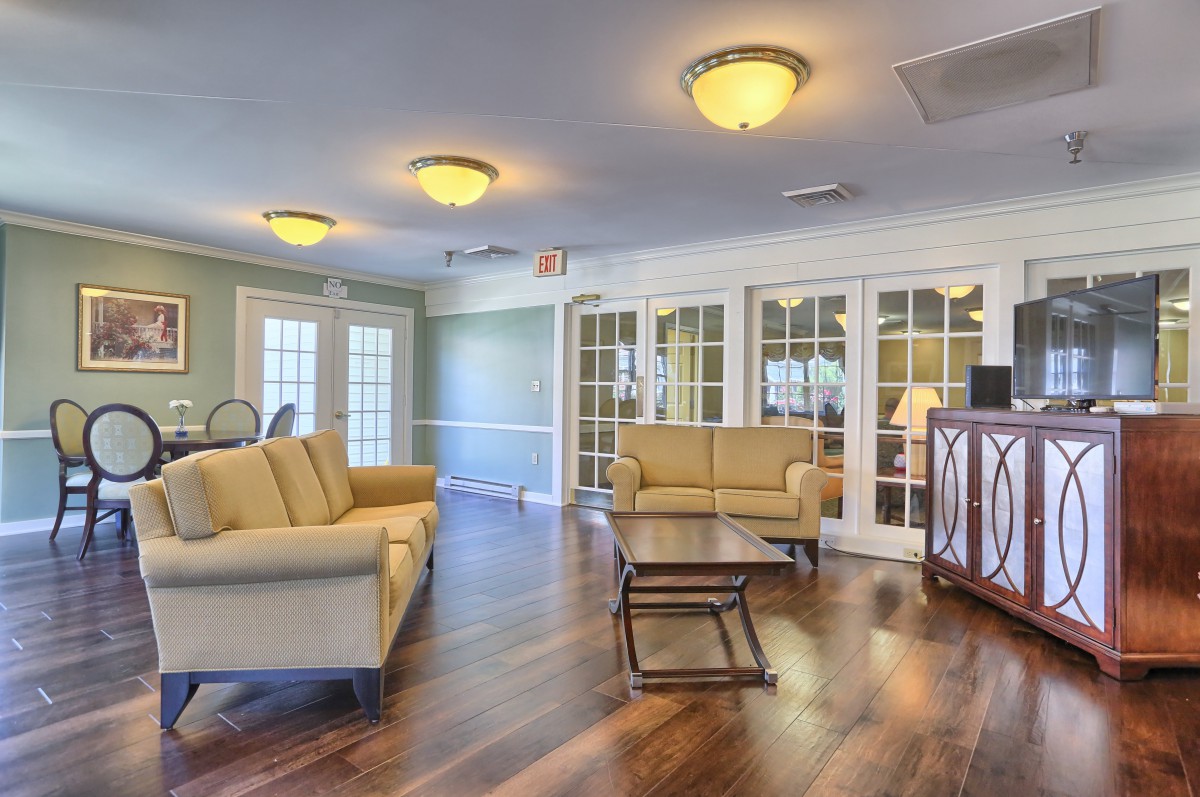 A spacious living room with wooden flooring, featuring sofas, a coffee table, and ample natural light from large windows.