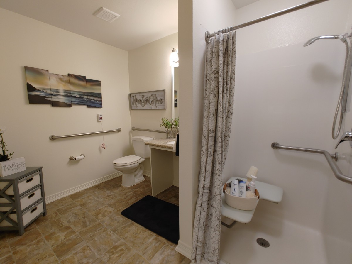An accessible bathroom with a shower, toilet, and grab bars for support.