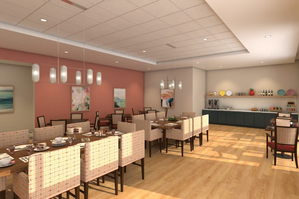 A modern restaurant dining area with stylish decor and seating.