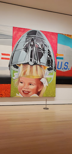 A vibrant painting depicting a smiling child wearing a helmet, combining elements of whimsy and nostalgia.
