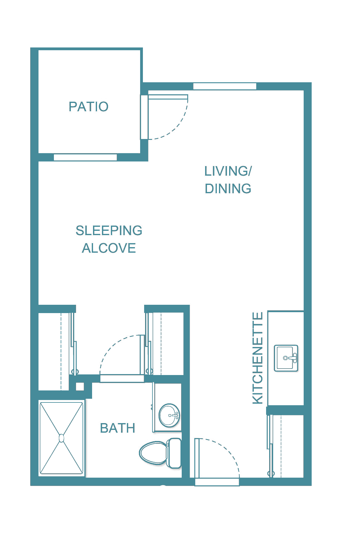 A floor plan of a studio apartment with labeled areas for living/dining, sleeping alcove, kitchenette, bath, and closet.