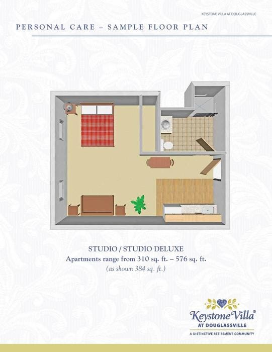 A floor plan of a studio apartment featuring a compact layout with designated areas for living, sleeping, and cooking.