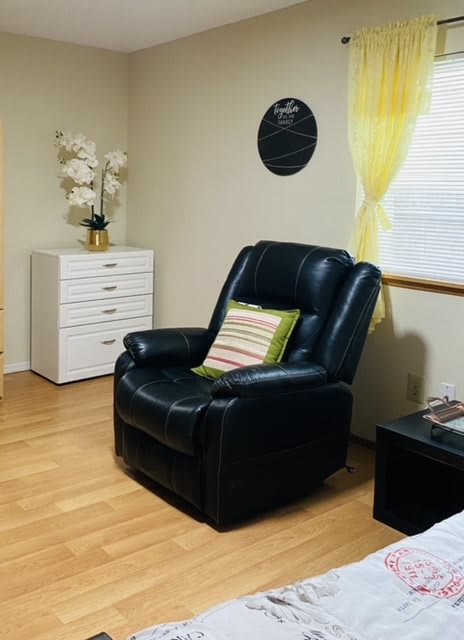 A cozy living room corner featuring a black leather armchair with a striped pillow, a white dresser with an orchid plant on top, and wooden flooring.